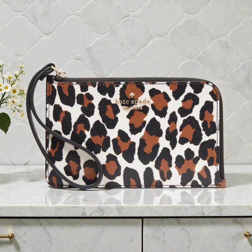 Kate Spade Lucy Leopard Small L Zip Wristlet in Cream Multi KH770